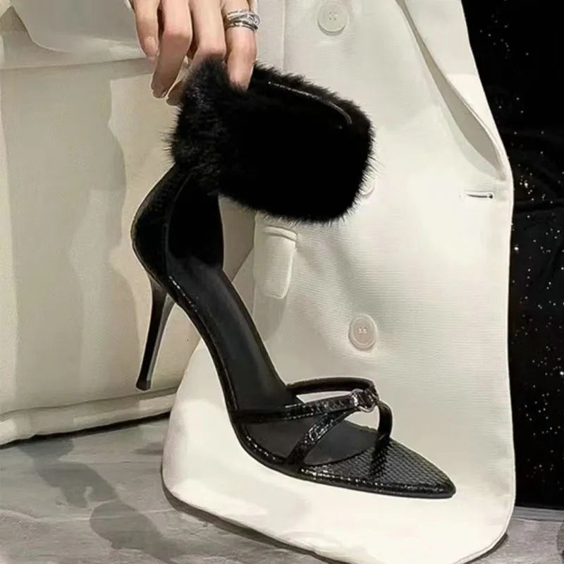 Summer Mink Hair Sexy Furry Open Toe Sandals Pointed Stiletto Heels Women Black High Heels 250312