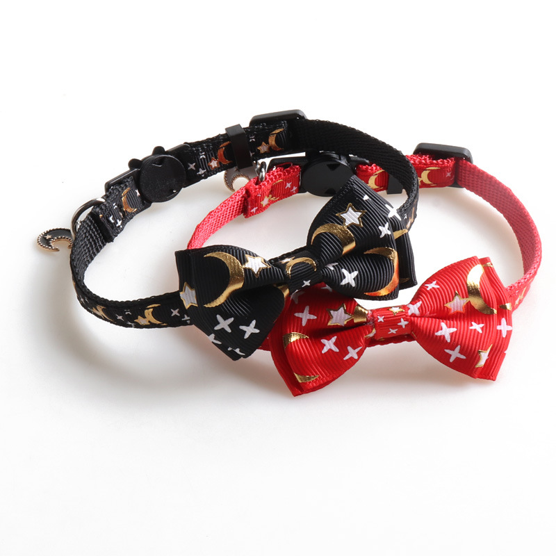Cat Collar with Bow Tie and Moon Charm, Small Cat Kitten Gold Moon and Star Process Printing Collar Breakaway Adjustable Collar for Boys and Girls Cat