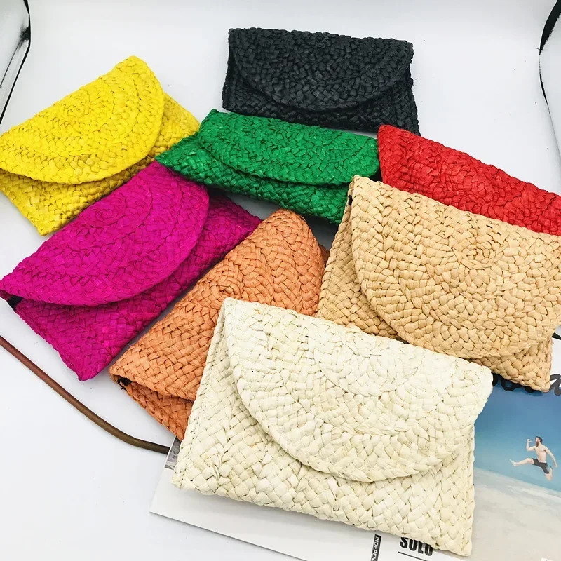 Fashion Corn Husk Handmade Womens Straw Bag Summer New Envelope Wallet Multi-color Beach Holiday Woven Bag Female Coin Purses R250312