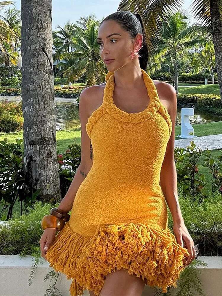 Tassels Hem Twist Strap Knitted Dress Women Sleeveless Backless Slim High Waist Dresses Female Holiday Evening Bodycon Robe