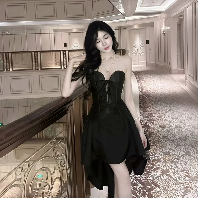 G210 sexy lady evening dress sweet tube top bow short front and long back dress