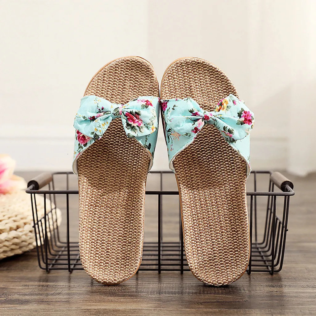 Womens sandals unprinted womens bow flat linen flip cover beach shoes slippers clothing 250304