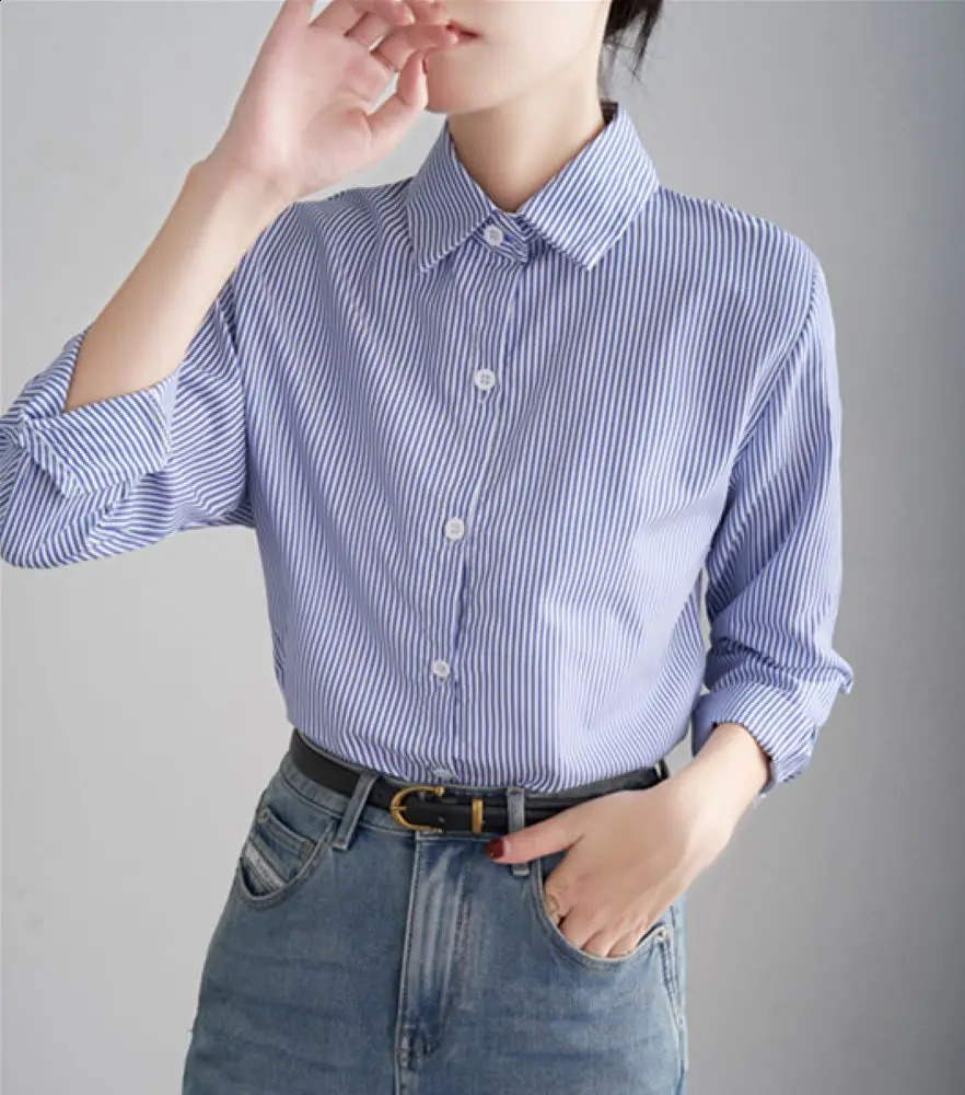 Blue Striped Shirt For Women Loose Spring Autumn Casual Long Sleeves Shirt Fashion Clothes For Ladies Office Lady Wear 250313