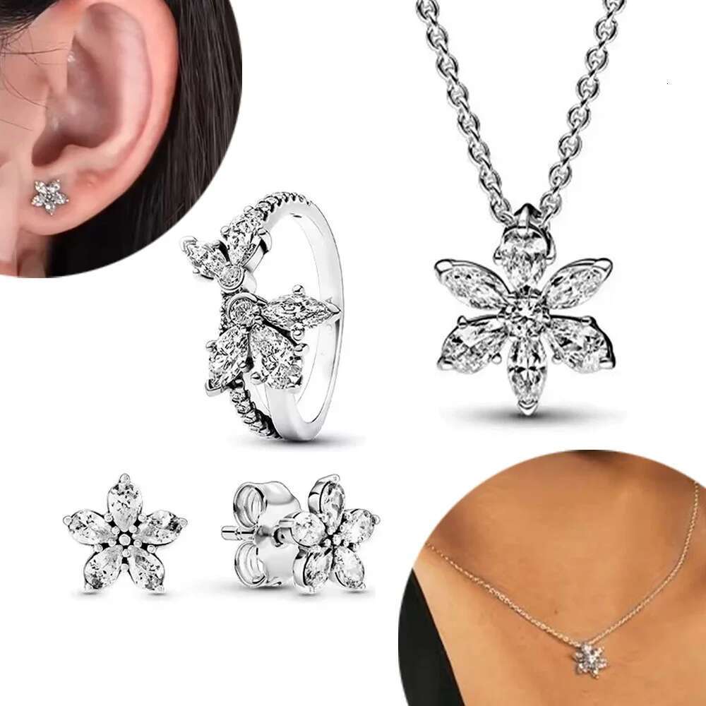 Earrings 925 Sterling Silver Sparking White Glass Flower Series Earrings Charms Necklace Ring Women's Fine Jewelry Gift