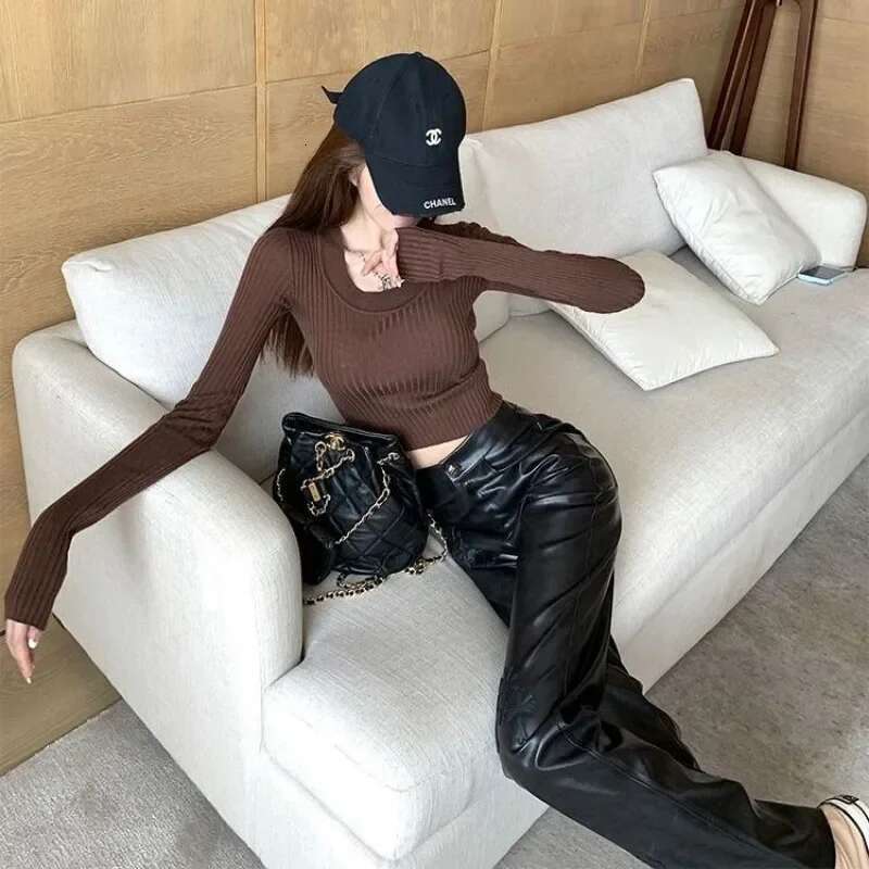 Fashionable Cross Patterned Straight For Women PU Leather Hot Girl 2024 New Stylish Unique Black Pants Korean Style