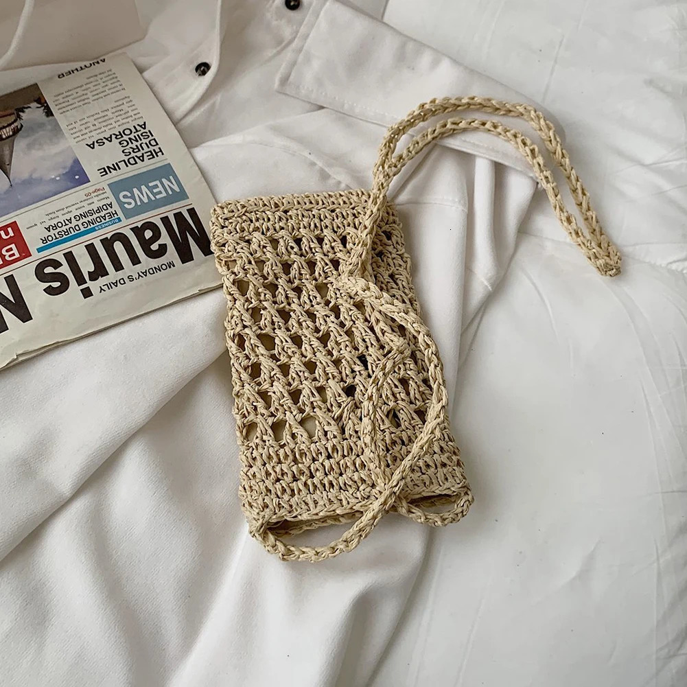 Female Vintage Crossbody Phone Bag Straw Rope Hand-woven Vacation Mini Purse Women Casual Mobile Phone Pouch Streetwear R250312