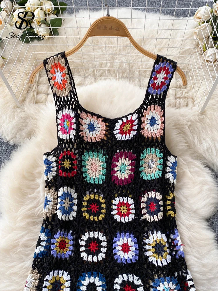 SINGREENY Sunmmer Knitted Dress Hook Flower Hollow tassel Womens Ultra Thin Street Clothing Original n Fashionable Retro 250313