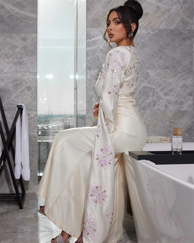 Customized s Beading Draped prom dresses A-line V-Neck Bespoke cape long sleeve arabic saudi evening gown oufit