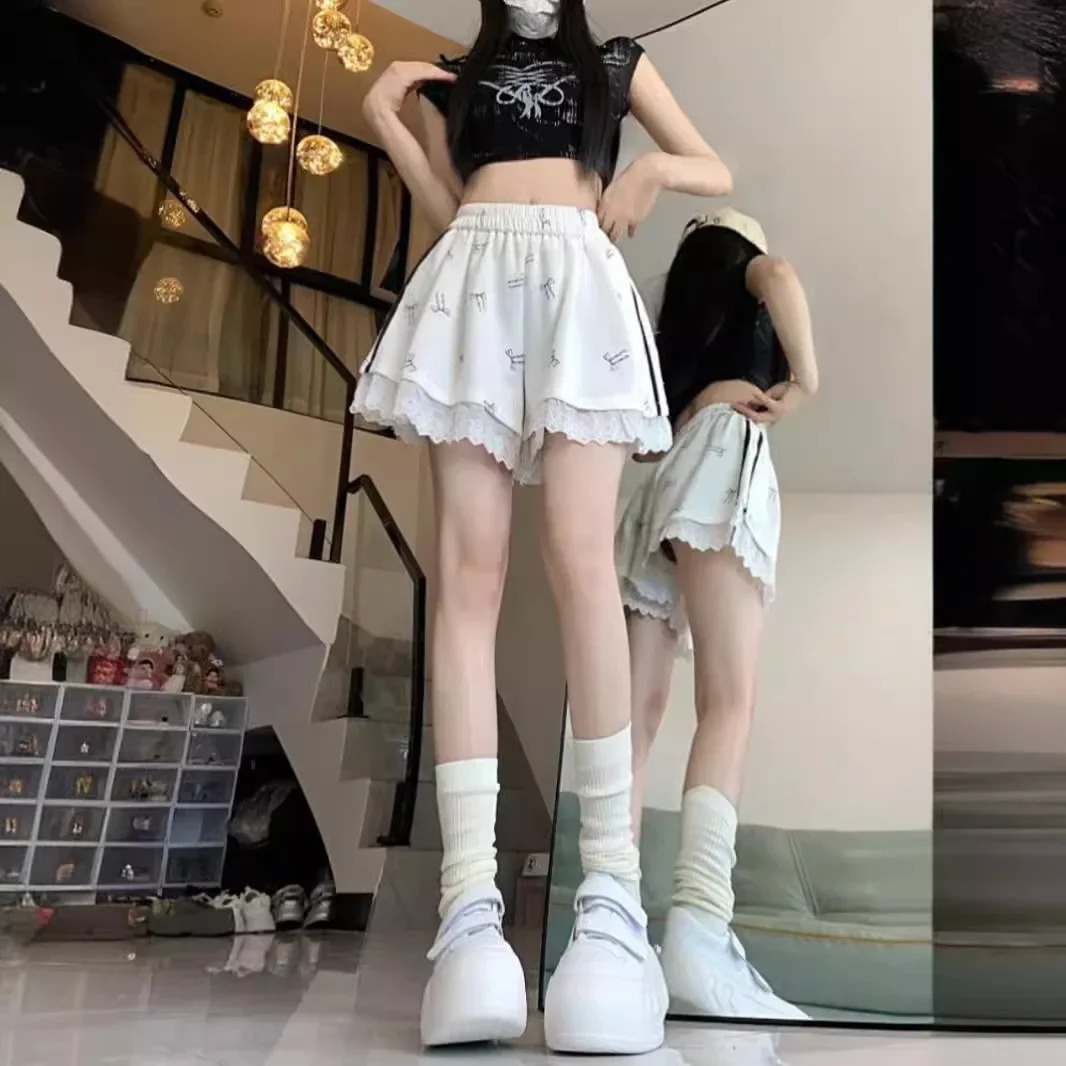Korean Style Lace Trimming Casual Pants Womens Summer Loose Fit High-Waisted Elegant Versatile Wide-Leg Shorts 250313