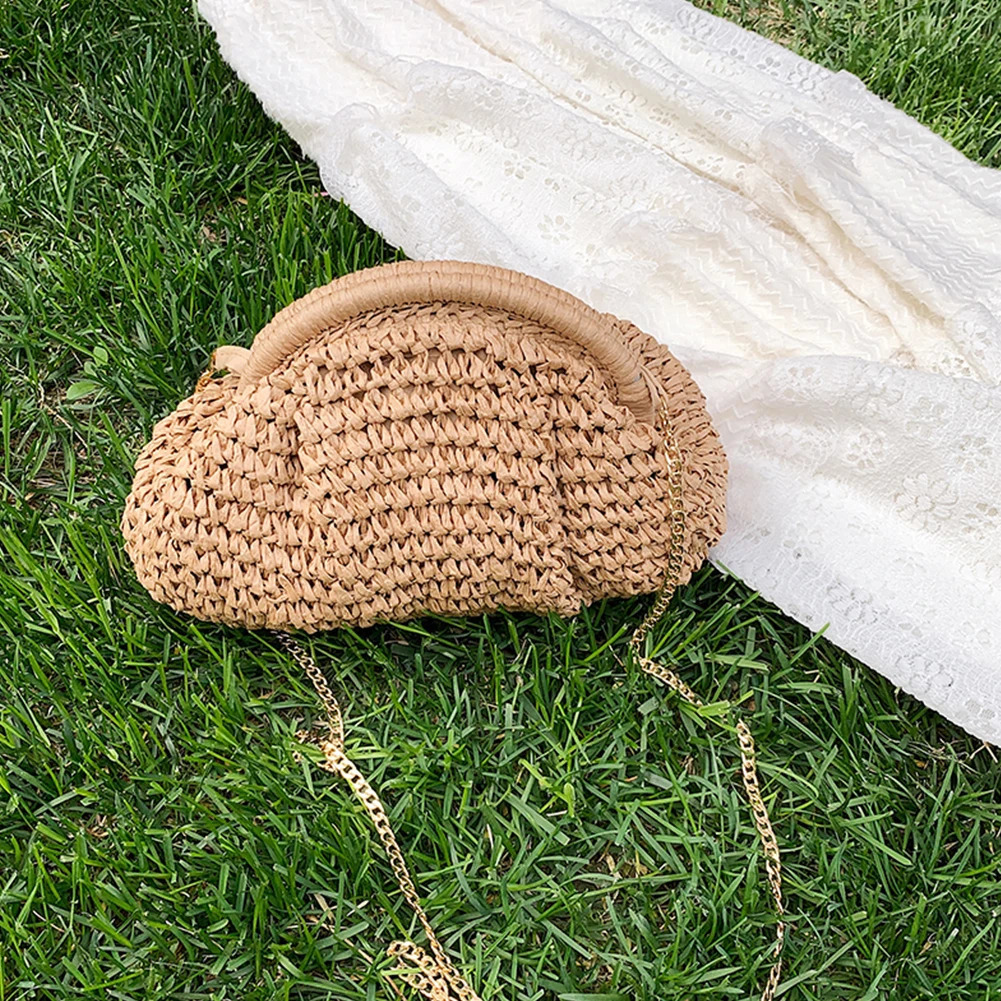 Women Straw Woven Bag Chain Strap Straw Clutch Purse Large Capacity Stylish Crossbody Bag Solid Color for Summer Beach R250312