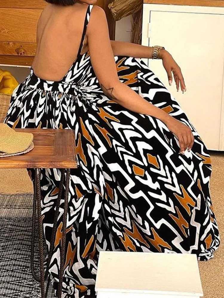 Urban Sexy Dresses Summer Boho Print Big Swing Maxi Dr Womens Sexy Slvel Backl Trendy Sling High Waist Holiday Robe Elegant Sundr Y240312H5C4