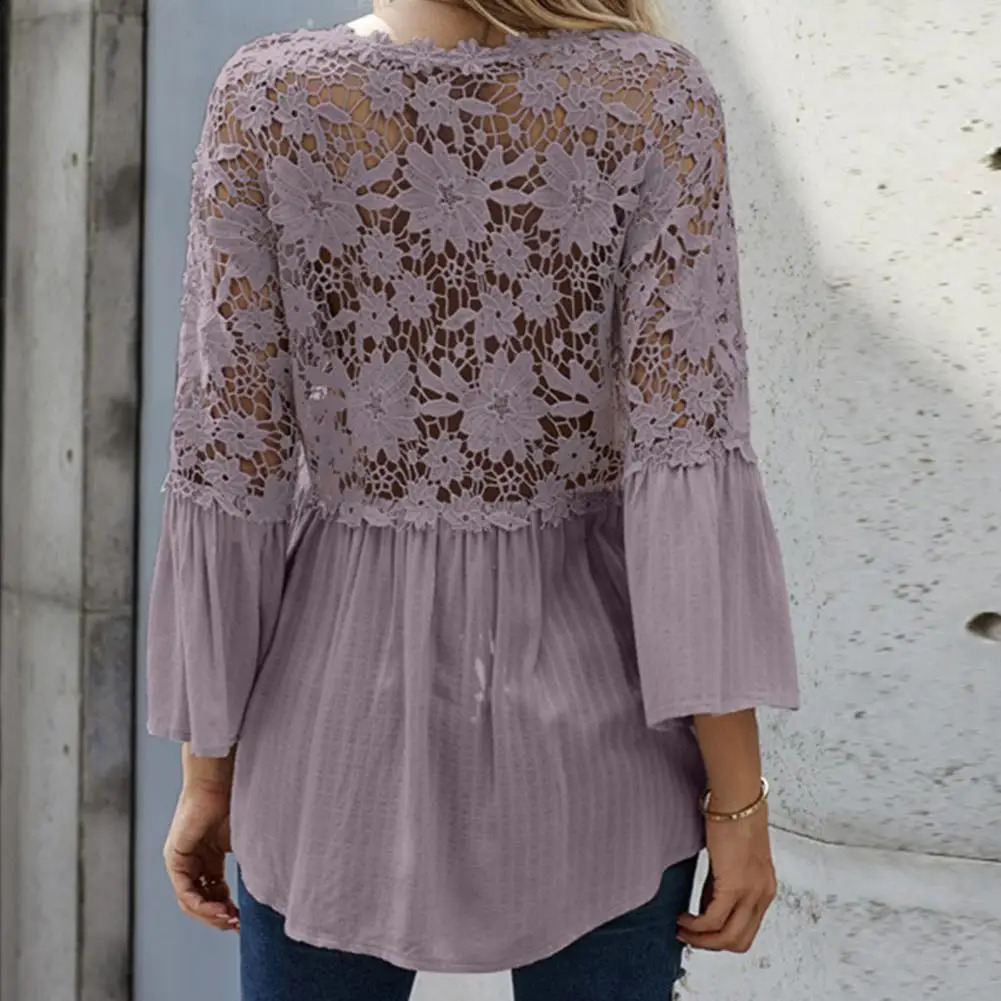 Women Blouse Fashion Flare Sleeve Tops Women Lace Stiching Blouses Casual Spring Blusas Female V-Neck Blusas Oversized Chemise 250313