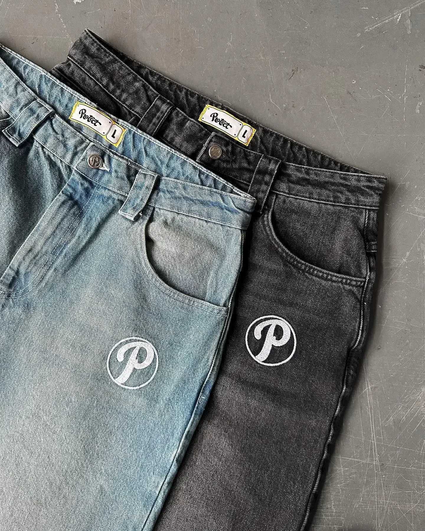Y2K New PROTECT Jeans Letter Embroidery Washed Blue Baggy Jeans Men and Women Retro Harajuku Hip-Hop High Waist Wide Leg Trouser X2505041