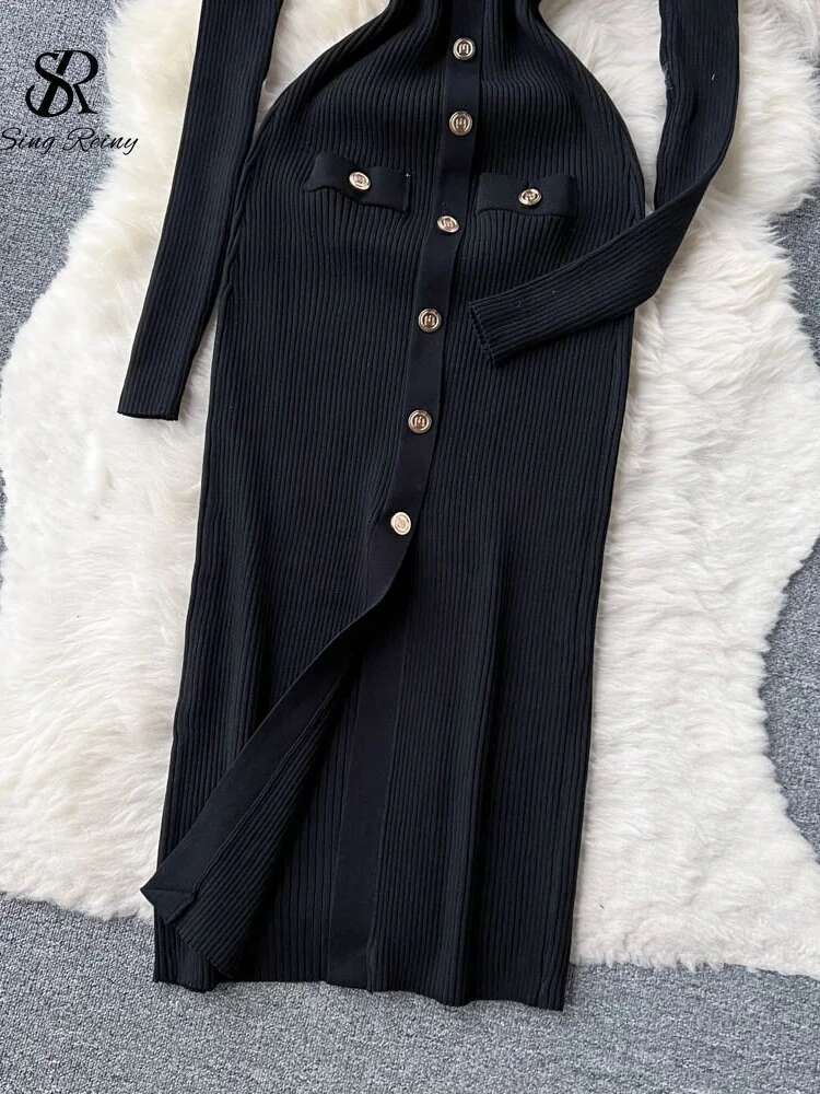 Winter Slim Design Knitted V Neck Single Breasted A E Split Midi Sleeve Women Sweater Long Dress