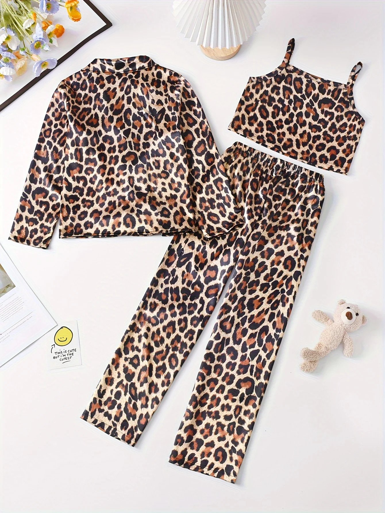 3-Piece Girls Leopard Print Satin Pajama Set - Soft Comfortable Loungewear with Button Up Lapel Collar Blouse Cami Top Pants 250312