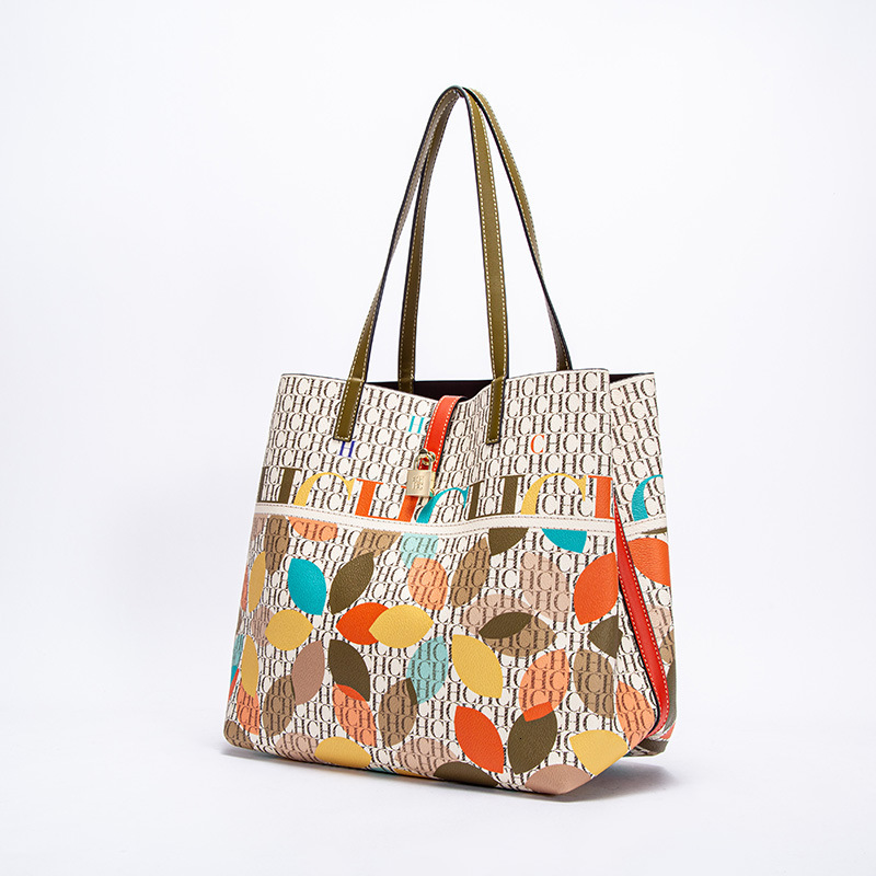 CHCH Women's PU Bucket Classic Letter Style Color Printed Shoulder Bag Large Capacity Handbag
