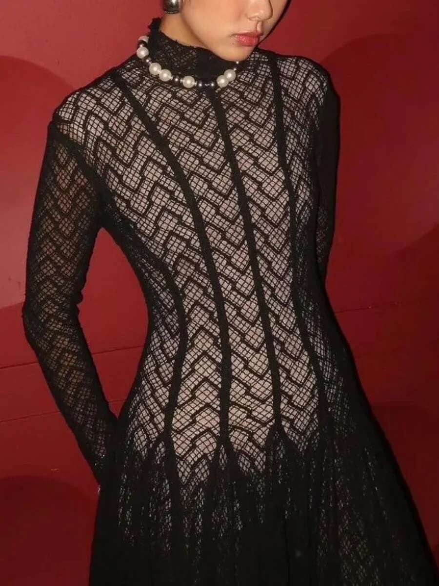 Solid Slimming Spliced Ruffles Dresses For Women Round Neck Long Sleeves Patchwork Hollow Out Dress Female Clothing