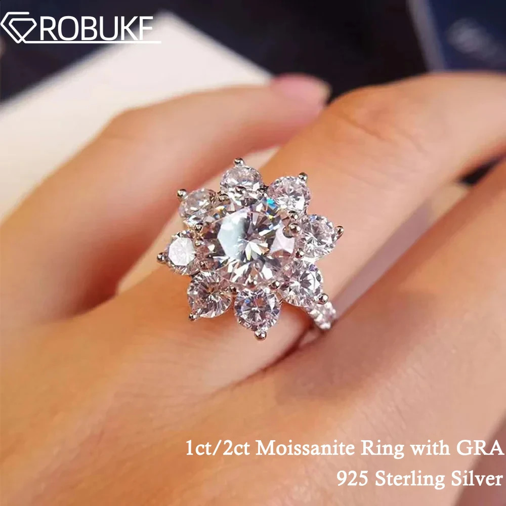 2CT D Color Rings For Woman Sunflower Brilliant Diamond S925 Silver 18K Plated Wedding Jewelry Ring with Certificate250312
