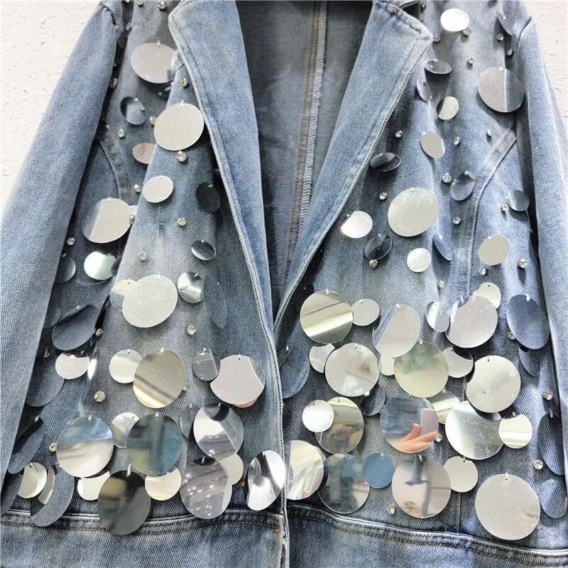 Women Big Sequins Denim Blazers Coat Spring Dias Beaded Jeans Jacket Suit Turn Down Collar Rhies Cowboy Cardigan Tops