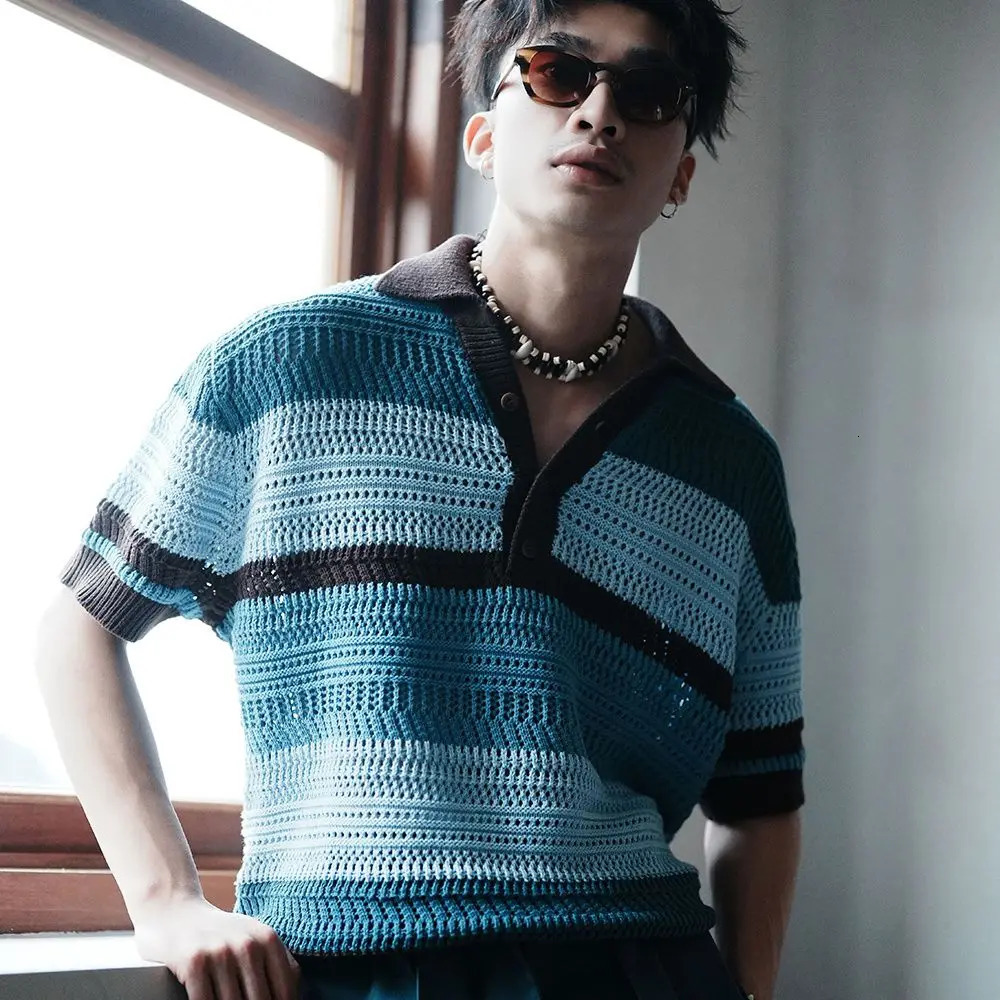 Retro POLO shirt color matching jacquard short sleeved knitted with hollowed out loose Tshirt top for men and women y2k 250313