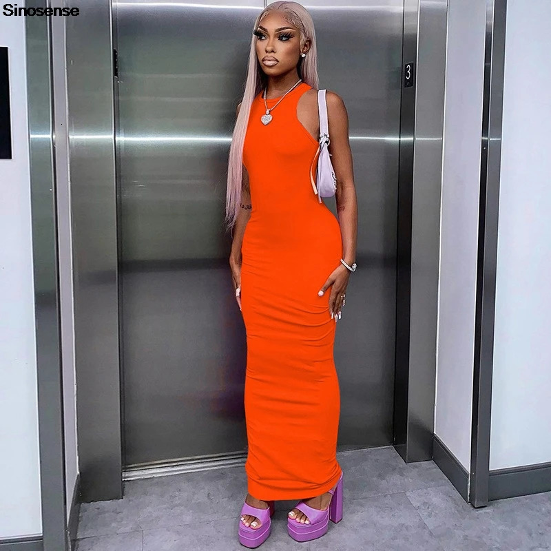 Womens ribbed knit sleeveless tank dress solid color crew neckline ultrathin fit tight body Maxi Y2K nightclub party 250313