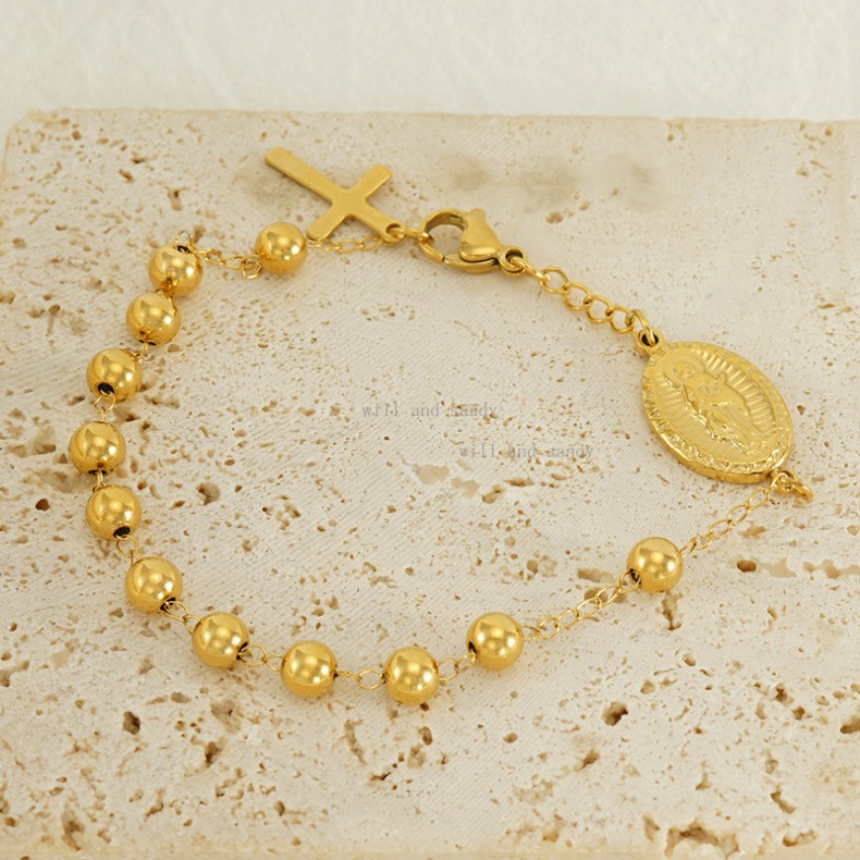 Catholic Rosary 18k Gold Religious Virgin Mary Religious Cross Charm Bracelet Non Tarnish Stainless Steel Bead Chain Bracelets Woman Fashion Jesus Fin