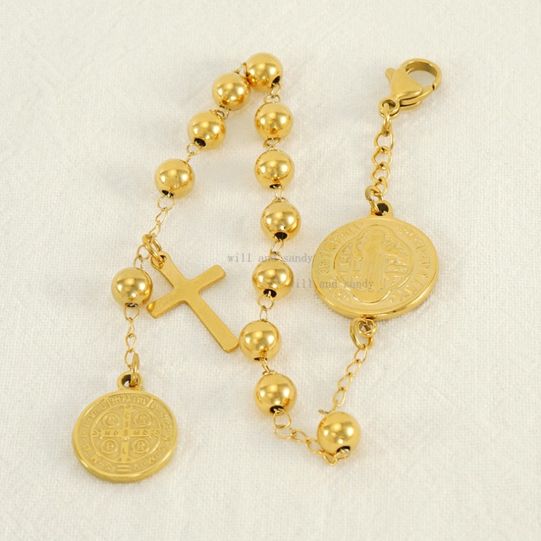 Catholic Rosary 18k Gold Religious Virgin Mary Religious Cross Charm Bracelet Non Tarnish Stainless Steel Bead Chain Bracelets Woman Fashion Jesus Fin