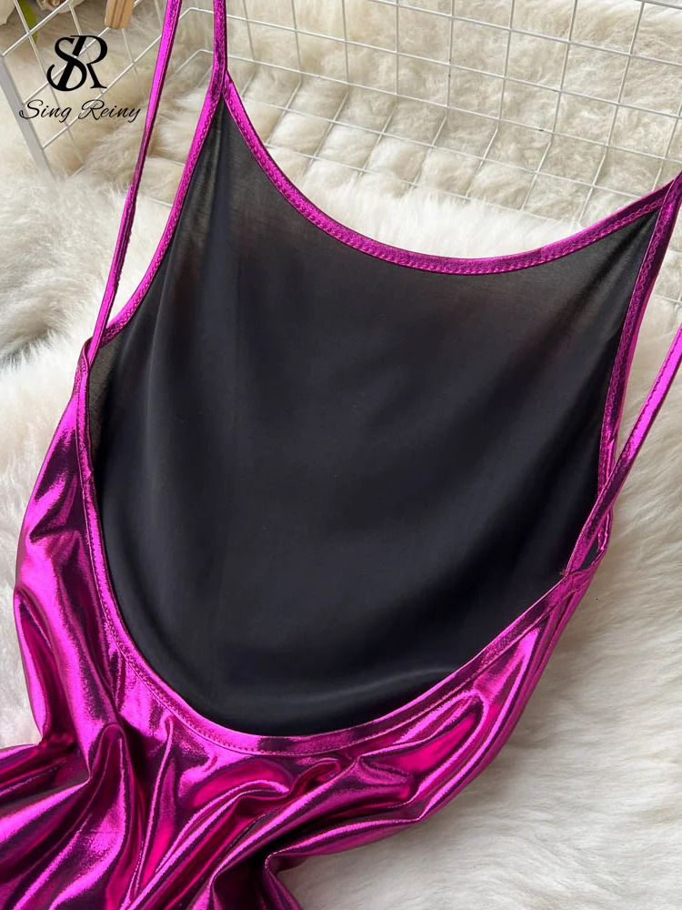 SINGREENY Sexy Body Satin Camis Dress No Back High Waist Fashionable Hollow Shining Summer Womens Party Long 250313