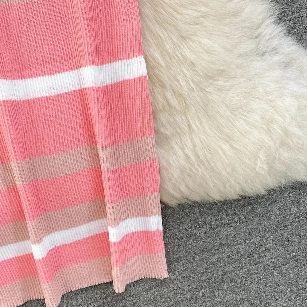 Fashion striped Oneck knitted elastic body dress sexy beach vacation Sundress womens casual ultrathin pencil Vestdos Maxi long 250313