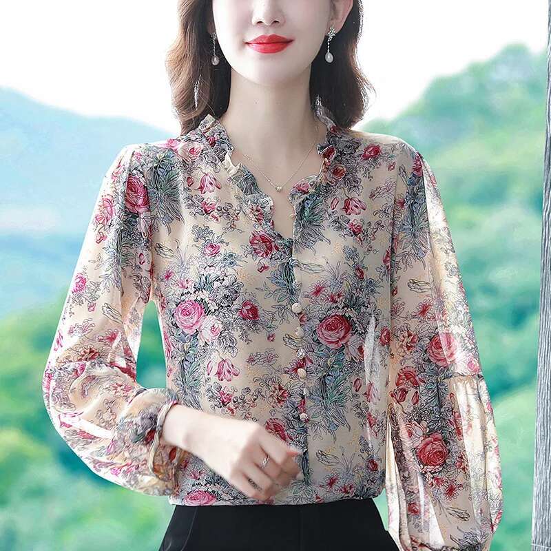 Fashion 3D Rose Printed Chiffon Shirt 2025 Spring Summer Pullovers Blouse Ruffled Collar 3/4 Sleeve Women Tops