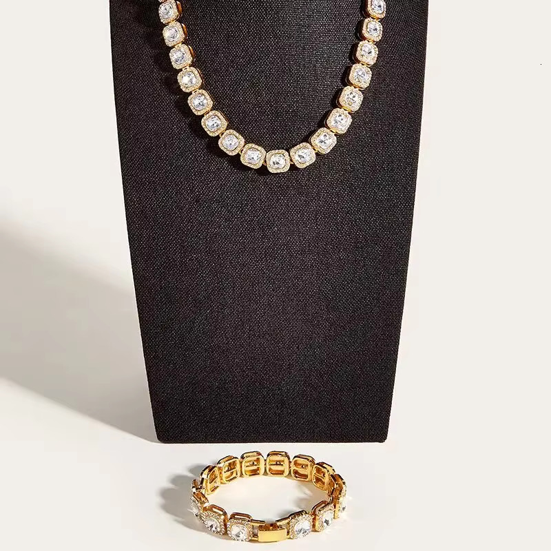 Mens Shiny Square Micro-inlaid Tennis Chain Set Iced Out Hip Hop Jewelry Set Rapper Chain