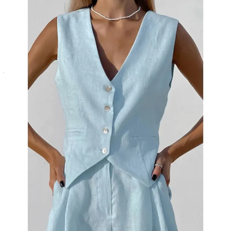 Womens 2025 Street Solid Cotton Linen Shorts 2 Pieces Sets Single Breasted Button Sleeveless Vest Suit Pockets Set Outfits 250311