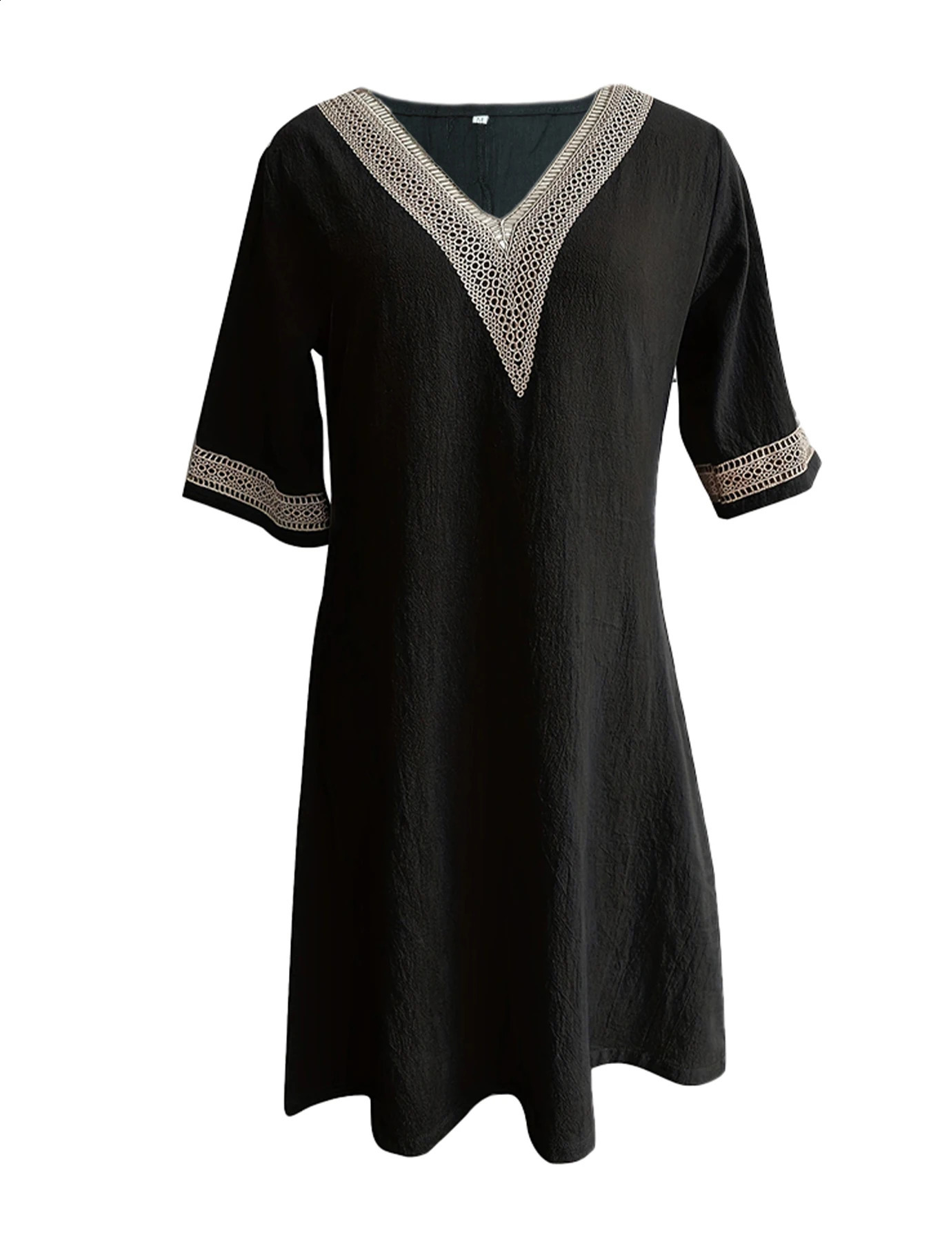 Chic Guipure Lace V-Neck Tunic Dress - Easy-Care Knee-Length All- Season Comfort with Stylish Hollow Details 250313
