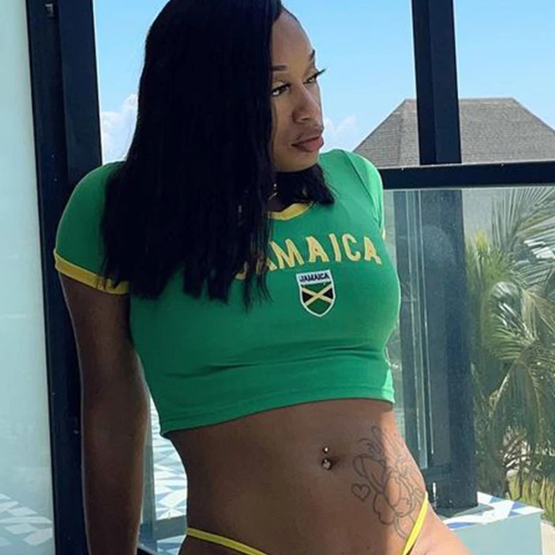 Summer Tees Jamaica Letter Print Womens Casual Retro Short Sleeve T-shirt Crop Tops Green Y2k Sexy Cool Unisex Female Top 250312