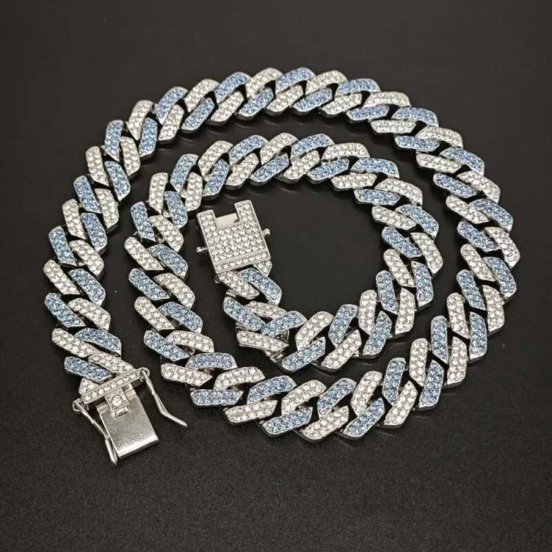 2tone Pink Blue Sier Color Miami Cuban k Chain Choker Necklace Bracelet Jewelry For Men Women 2 Row Rhies Paved 35cm