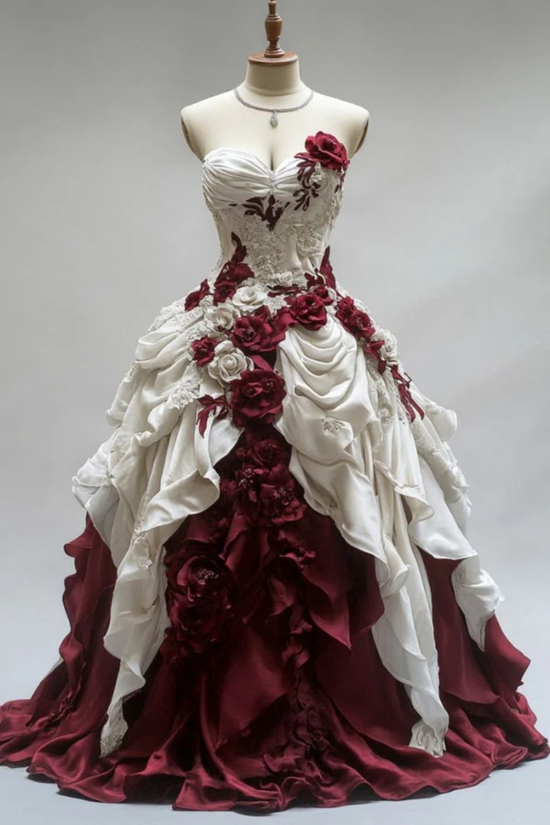 Vintage Victorian Prom Dresses Burgundy And Ivory Ruched Long Special Occasion Ball Gown Flowers Lace Appliques Medieval Gothic Evening Dress Special 