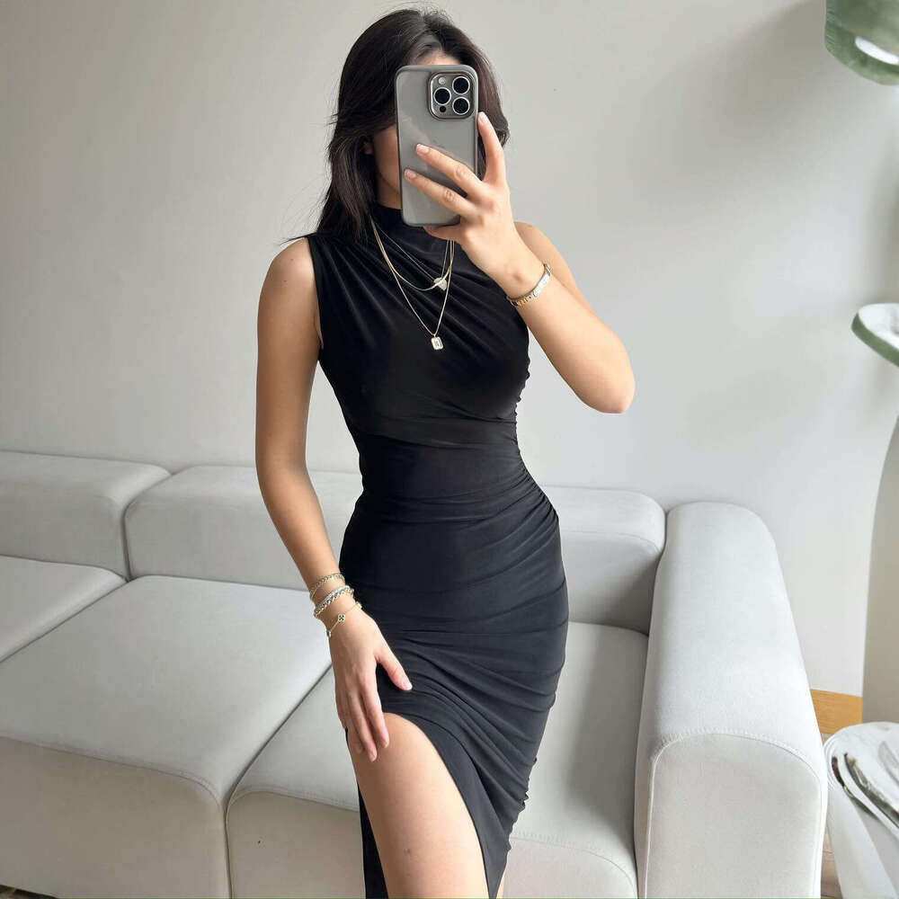 European and American style summer solid color slit high waist slim fit sexy sleeveless long women's dress 2025 new casual fashion trend clothing