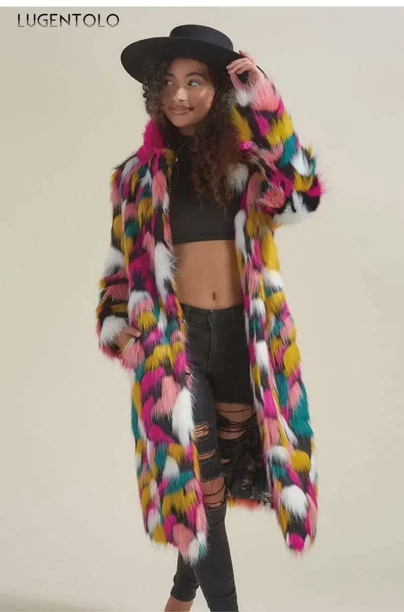 Women Long Coat Rainbow Colorful Fashion Faux Fox Fur Autumn Winter Lady Casual Street Warm Quality 2023 Cloth
