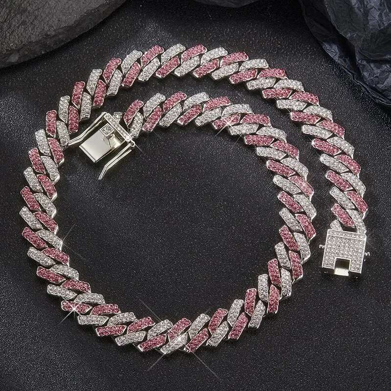2tone Pink Blue Sier Color Miami Cuban k Chain Choker Necklace Bracelet Jewelry For Men Women 2 Row Rhies Paved 35cm