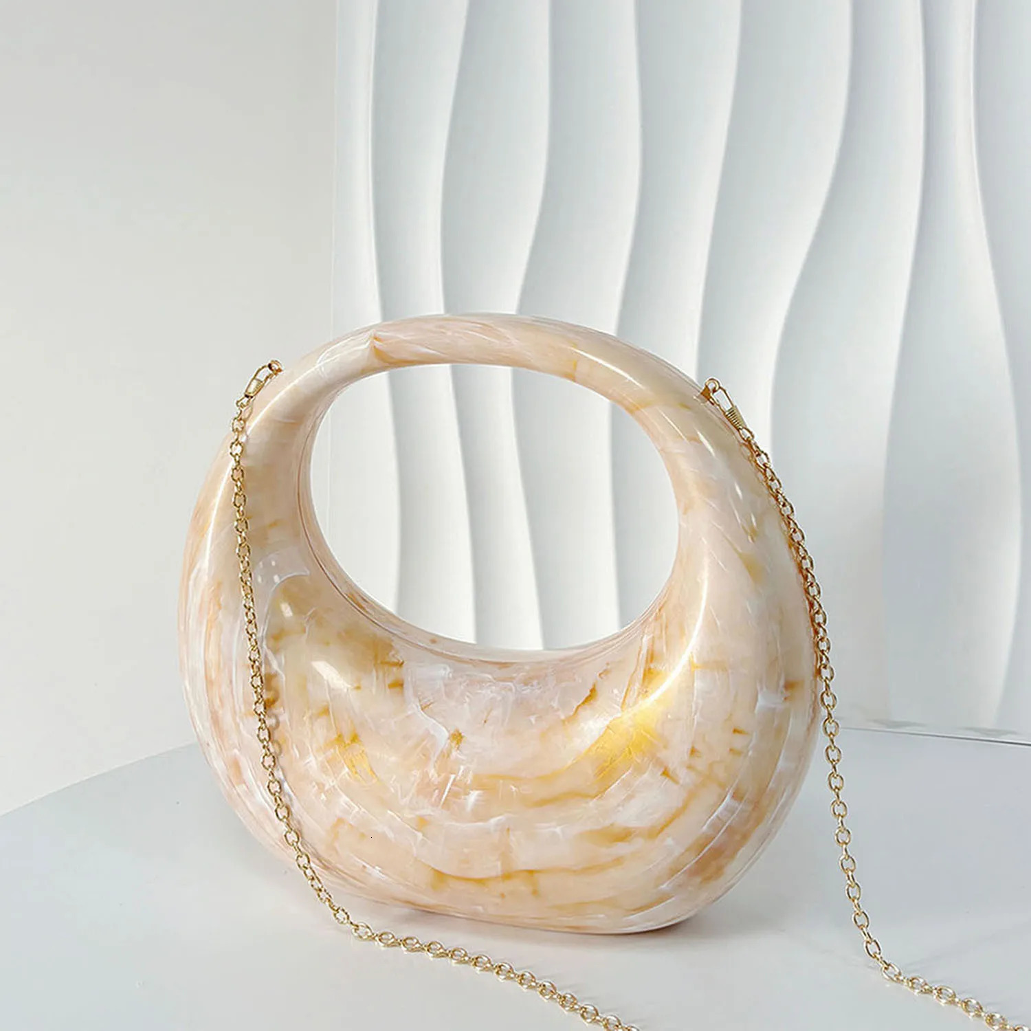 White Marble Acrylic Evening Clutch Bag for Woman Party Wedding Half Moon Glossy Shell Handbag Lady Shoulder Purse 250305