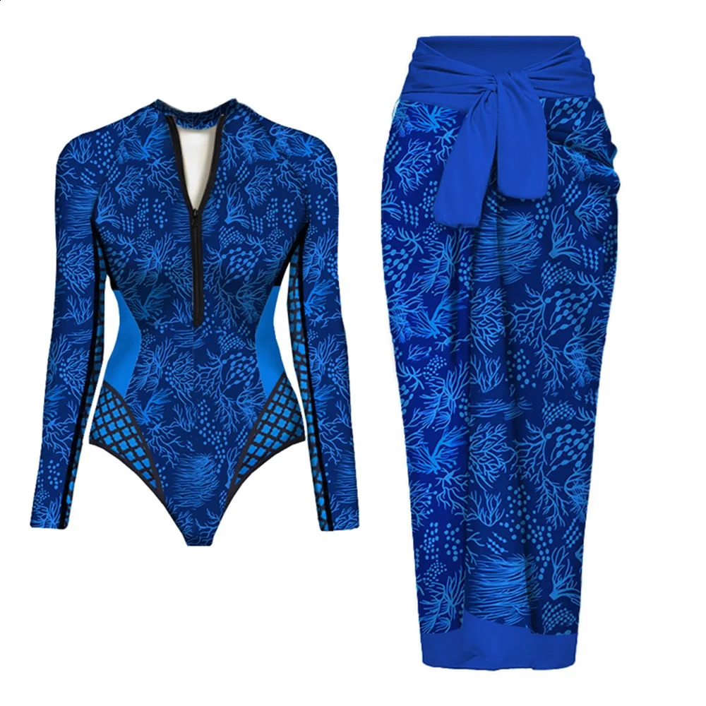Long Sleeve Vintage Print One Piece Swimwear Zipper Conservatism Women Bathing Suit And Wrap Skirt Surfing Swim 250313