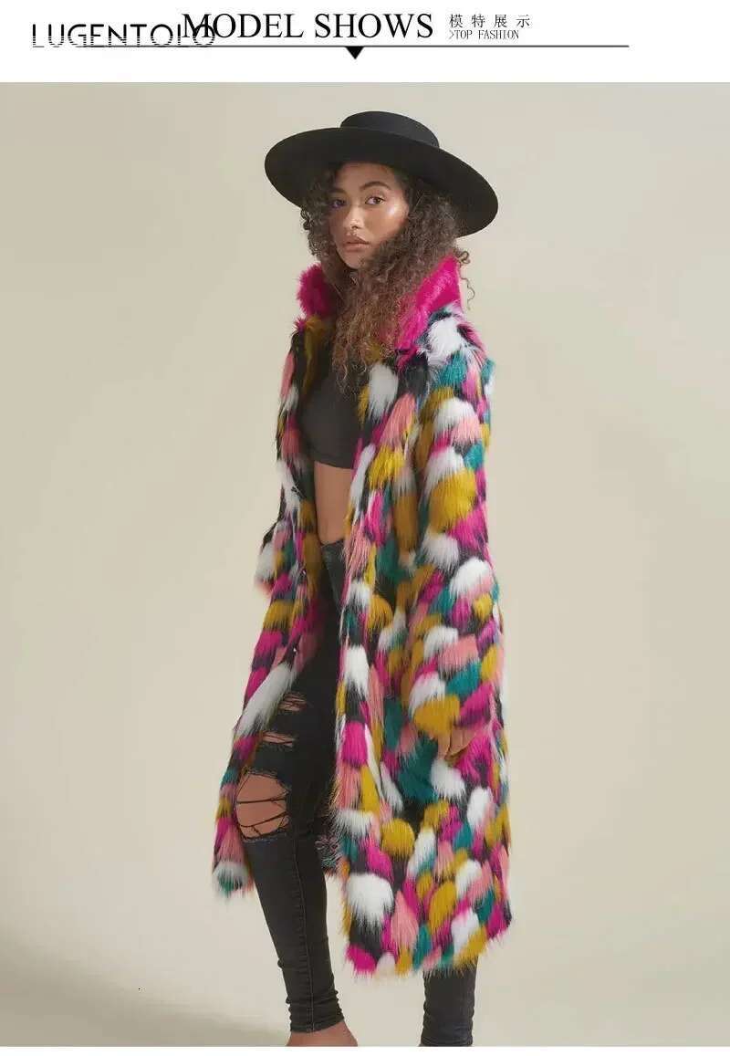 Women Long Coat Rainbow Colorful Fashion Faux Fox Fur Autumn Winter Lady Casual Street Warm Quality 2023 Cloth