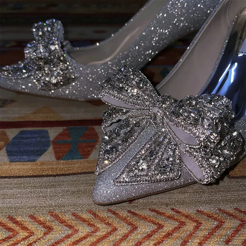 Winter Womens Silver Butterfly Wedding Shoes Bridal High-heel Wedding Sress Crystal Pumps 250312