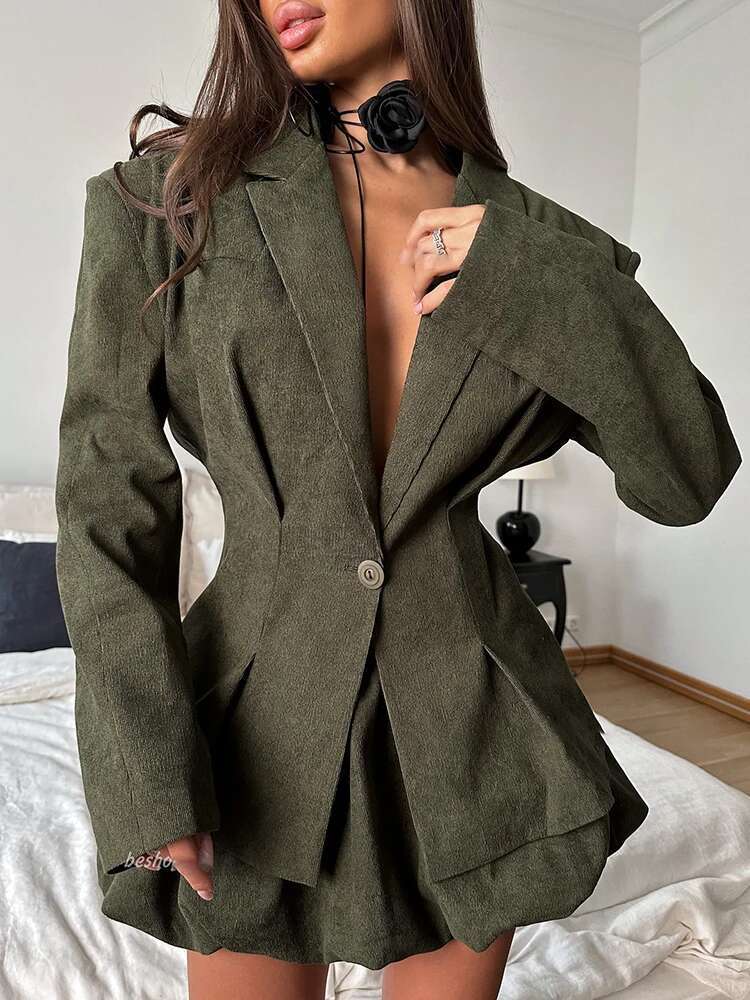 Women Green Two-Piece Suit Tweed Pleated Casual Blazer And Skirt Loose Jacket Fashion Spring Autumn 2025 New A676