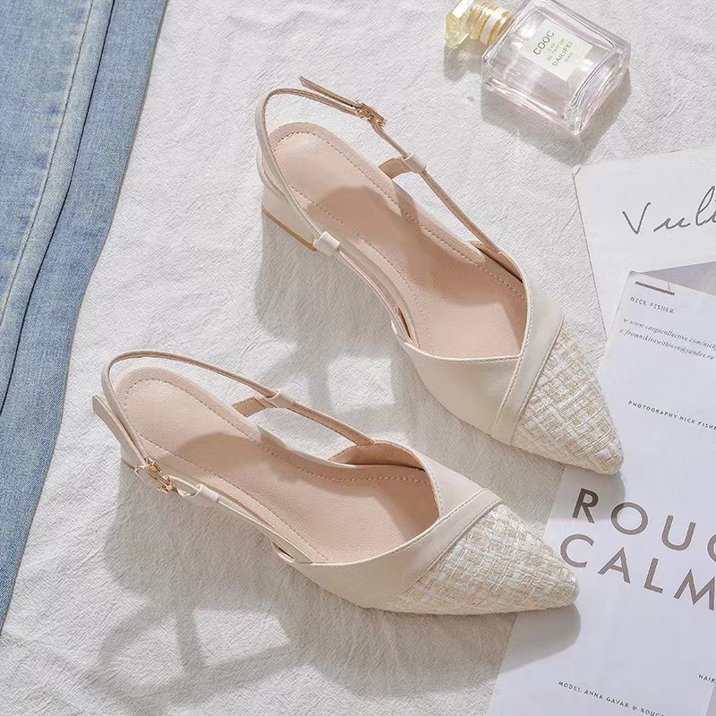 Chunky heel shoes Mid-heel sandals with bun head free Shipping slippers Women with pointed toes Apricot nude black heels 2025