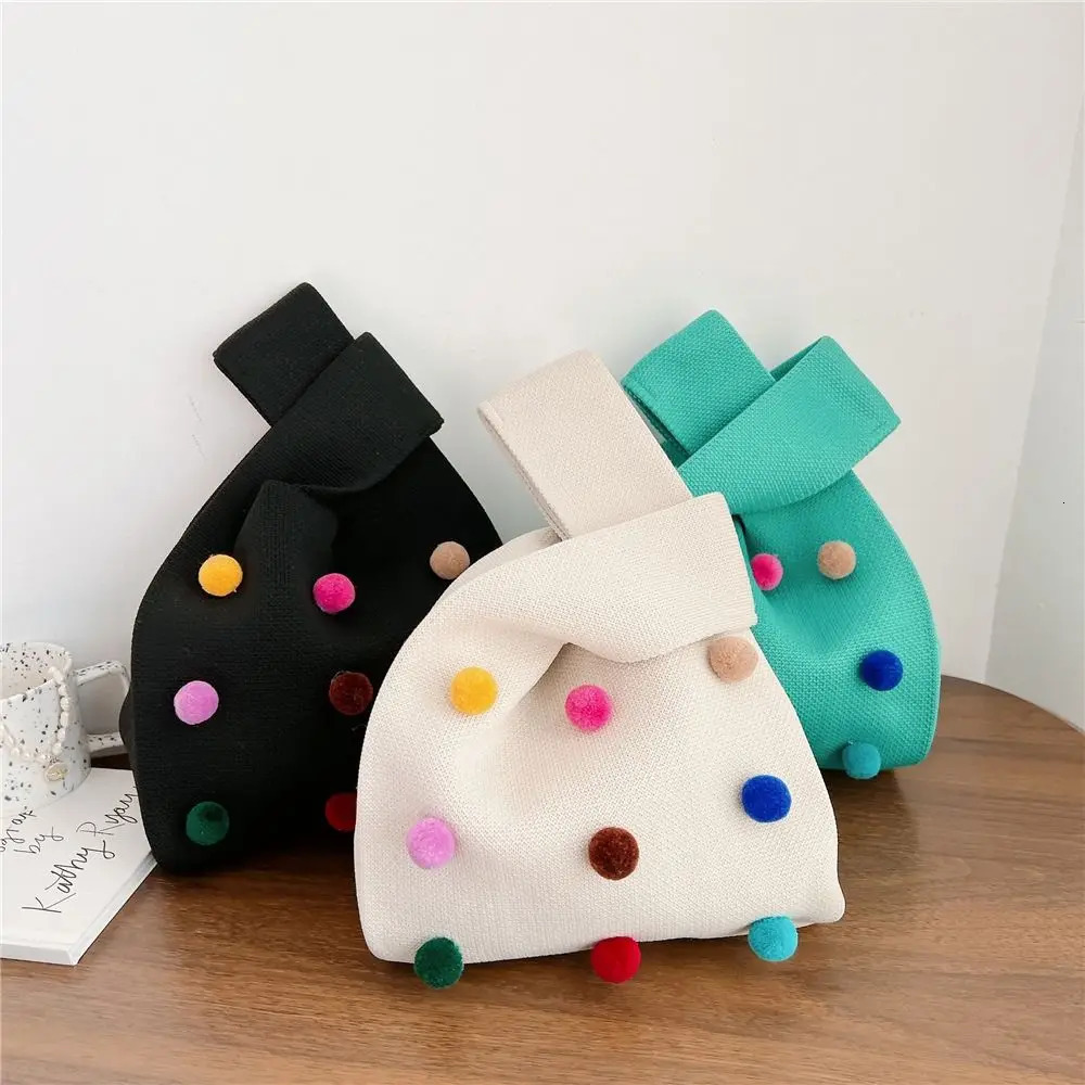Mini Reusable Color Ball Shopping Bags Shoulder Bag Handmade Tote Bag Knit Handbag Knot Wrist Bag R250312