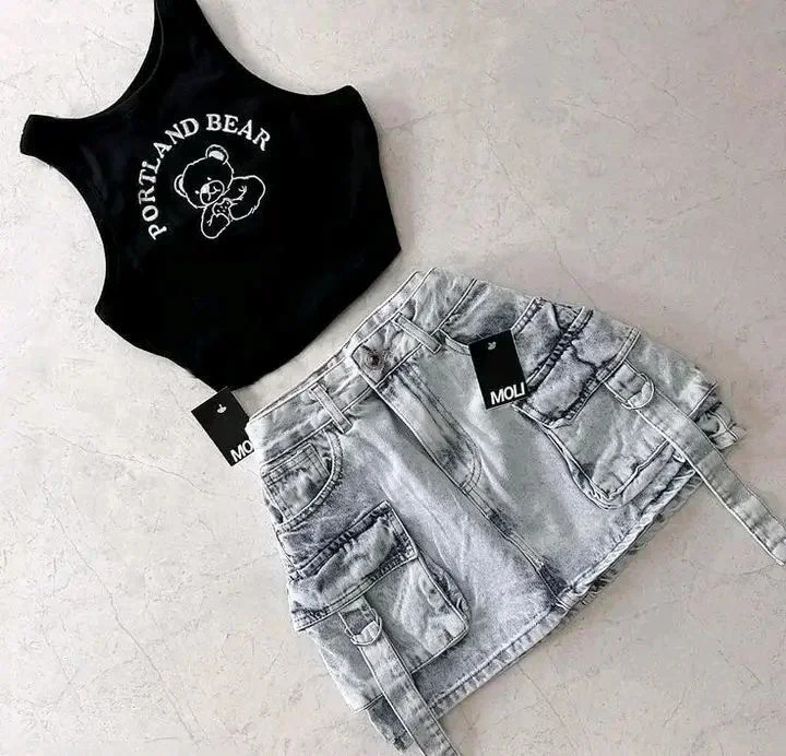 Korean Sweet Fashion Top Two piece set low waist and spliced sexy girl ultrathin casual denim skirt suitable for gentle summer wear 250313