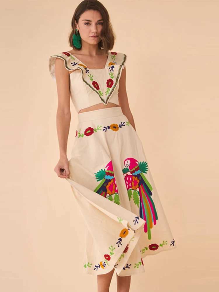 Two Piece Dress New Floral Print Long Skirt Sets Women Elegant Square Neck Slvel Cropped Tops High Waist Skirt 2 Pieces Sets Lady Outfits Y250315UY4G