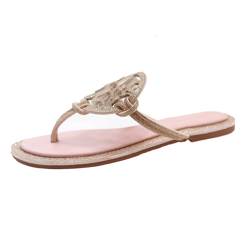 Designer Sandals 2025TB New Surrounding Rhinestone Flat Slide Women Ins Viral European Studded Toe Post Flip Flops Summer Beach Slippers