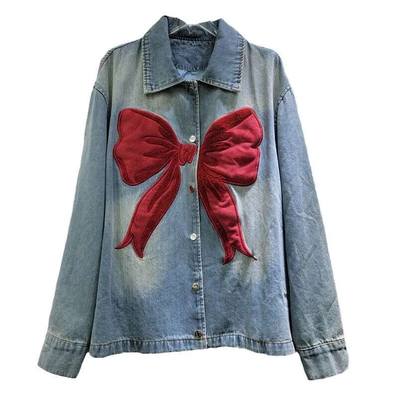 hoodie Contrast Colors Splicing Bow Long Sleeve Washed Cowboy Coat Single Breasted Turn-Down Collar Cardigan Women Spring jacket